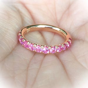 Pink Sapphire Half Eternity Band Pave Sapphire Band Ring 3mm Wedding Anniversary Pave Pink Sapphire Gaurd Band September Birthday Stack Ring image 4