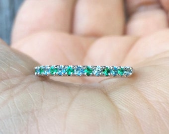 Emerald Aquamarine Alternating Half Eternity Ring/ 2mm Pave Ring Aquamarine Emerald/ Unique Alternating Wedding Band 2 MM/ Anniversary Ring