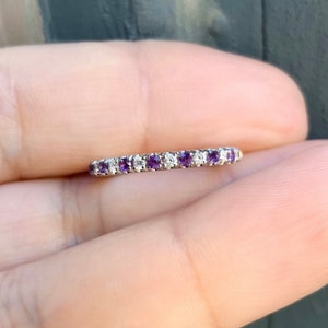 Diamond Amethyst Pave Band/ Alternating Amethyst Diamond 2mm Half Eternity Ring/ 2 Birthstone Alternating Wedding, Anniversary Stacking Ring