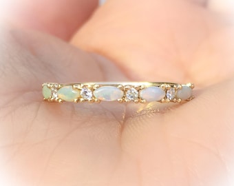 Opal Diamond Half Eternity Prong 2.2 MM Ring/ Unique Wedding Diamond Opal Band/ Vintage Look Opal Diamond Alternating Anniversary Stack Ring