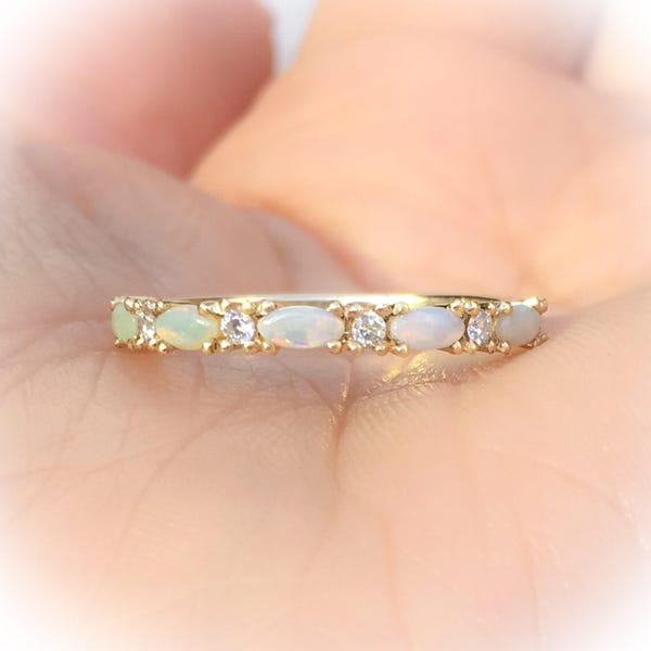 Opal Diamond Band Wedding Opal Eternity Ring Opal Diamond Alternating Band Vintage Look Opal Diamond Ring Anniversary October April Stacking