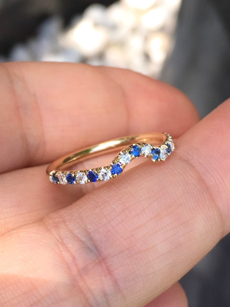 Diamond Blue Sapphire Shadow 2 MM Ring/ Blue Sapphire Diamond Contour Pave Band/ Half Eternity Curved Band/ Tracer Wrap Guard/ Ring Enhancer image 2