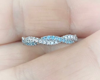 Aquamarine Diamond Full Eternity Twist Ring 2.8 MM/ Twisted Pave Infinity Diamond Aquamarine Band/ Wedding Twistband/ Intertwined Stack Ring