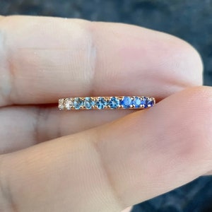 Gradient Blue Pave Ring/ White Blue Ombre Stack Ring/ 2.3mm Half Eternity Unique Wedding Band/ Diamond Aquamarine, Blue Topaz, Blue Sapphire