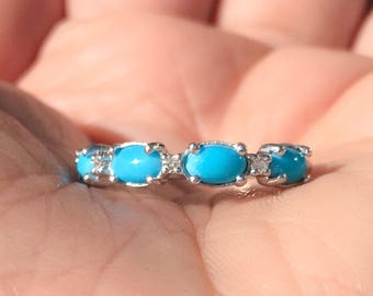 Turquoise Diamond Alternating 3.7 MM Ring/ Turquoise Wedding Band/ Unique Turquoise Ring/ Alternating December April Birthstone Stack Band
