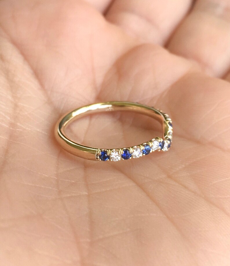 Diamond Blue Sapphire Shadow 2 MM Ring/ Blue Sapphire Diamond Contour Pave Band/ Half Eternity Curved Band/ Tracer Wrap Guard/ Ring Enhancer image 4