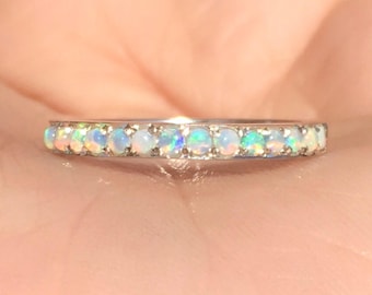 Opal Eternity Band Opal Ring Half Eternity Fire Opal Pave Unique Wedding Anniversary Ring 3mm Infinity Opal Stacking Band October Birthstone