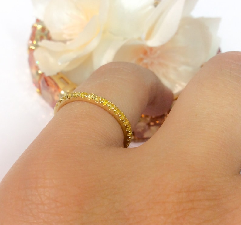 Citrine Eternity Ring/ 2mm Pave Half Eternity Ring/ Citrine Wedding Band/ November Stack Ring/ Yellow Guard Band/ 13th Anniversary Pave Ring image 4