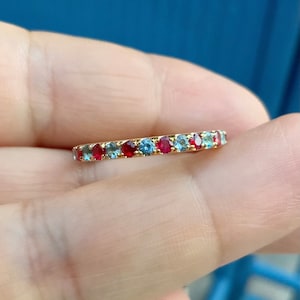 Aquamarine Ruby Band/ Pave 2.3mm Alternating Ruby Aquamarine Full Eternity Wedding Band/ March July 2 Birthstone Maternity Stacking Ring