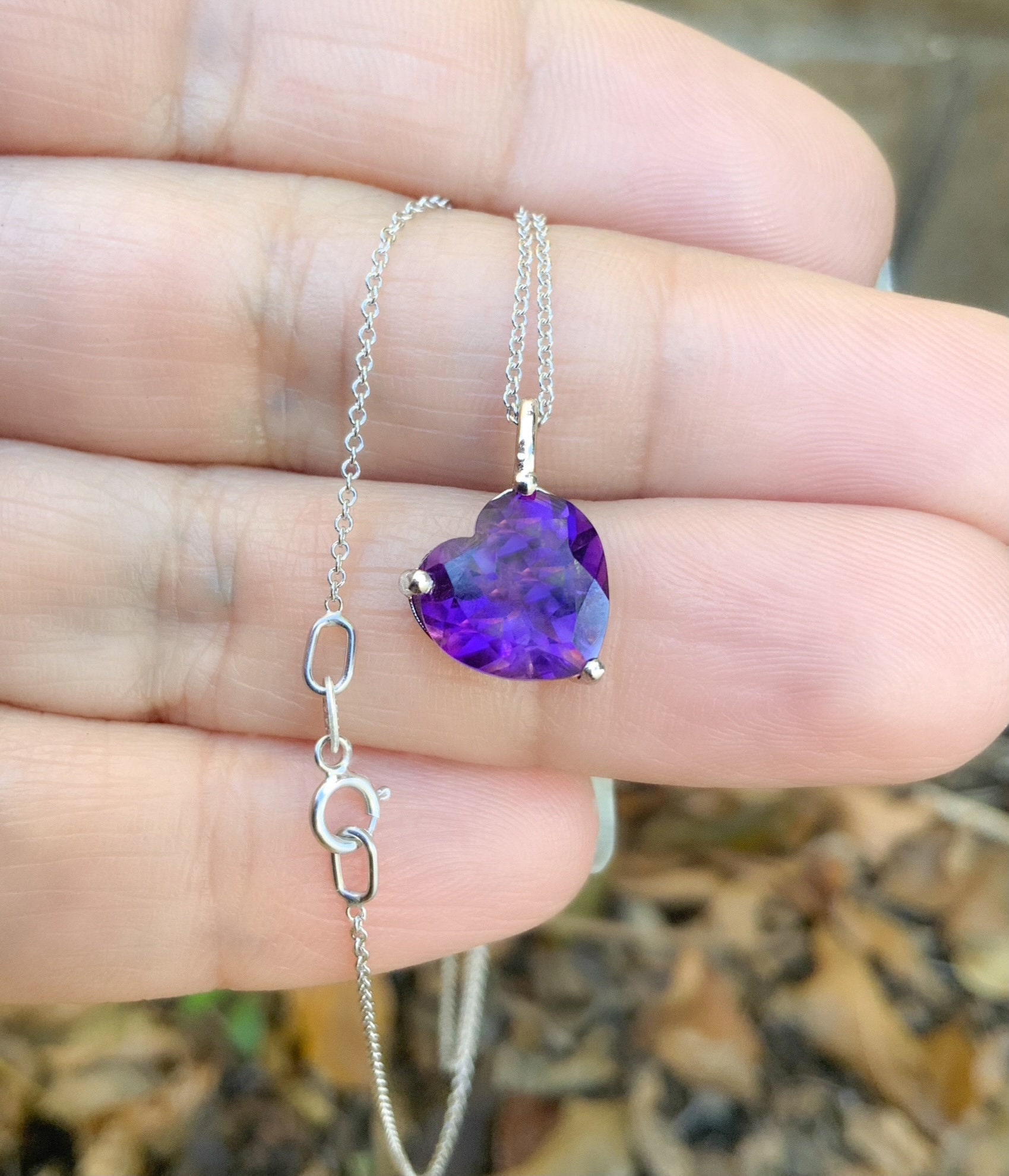Heart Amethyst Necklace/ 10mm Solitaire Heart Pendant W