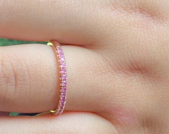 Pink Sapphire Pave Band/ 1.5mm Half Eternity Ring/ Delicate Pink Sapphire Wedding Anniversary Band/ Blushing Bride Birthstone Stacking Ring