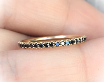 Black Diamond Full Eternity Ring,1.8mm Solid Gold Wedding Band, Pave Stacking Ring