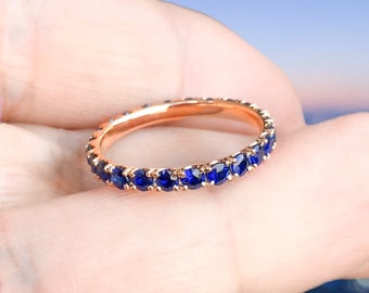 Blue Sapphire Band Full Eternity Pave Blue Sapphire Ring 2.3mm Blue Sapphire Wedding Guard Band Pave Blue Sapphire September Stacking Ring