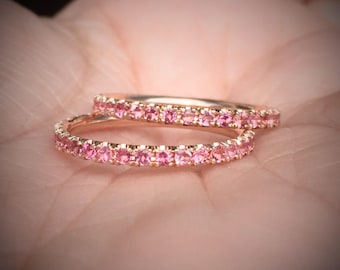Set of Two Pink Sapphire Rings/ 2mm Full Eternity Ring/ Full Infinity Stack of 2 Rings/ Pink Sapphire Guard Rings/ October Birthstone Stack