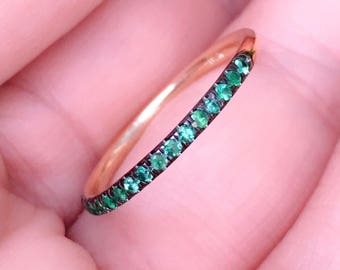 Emerald Half Eternity Band/ 1.5mm Black Gold Emerald Ring/ Eternity Ring Pave Band/ Emerald Guard Band/ Green Birthstone/ Anniversary Ring