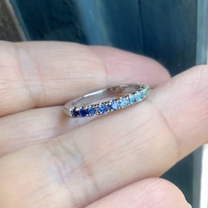 Gradient Blue Green Pave Ring/ Coastal Ombre Beach Wedding Band/ 2.3mm Half Eternity/ Mermaid Colors Diamond Alexandrit Aquamarine Sapphire image 3
