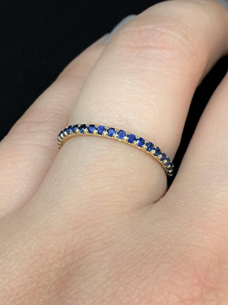 18K Blue Sapphire Full Eternity Band 1.6mm Yellow Gold Sapphire Eternity Ring Pave Blue Sapphire Wedding Band Matching Anniversary Stacking
