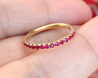 Ruby Stacking Ring/ 2mm Pave Full Eternity Band/ Natural Ruby July Birthstone Infinity Guard Ring/ Wedding, Anniversary, Push Present Ring