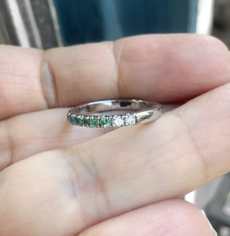 Gradient Blue Green Pave Ring/ Coastal Ombre Beach Wedding Band/ 2.3mm Half Eternity/ Mermaid Colors Diamond Alexandrit Aquamarine Sapphire image 4