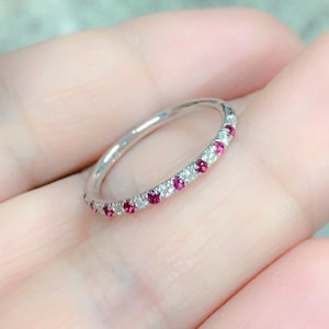 Alternating Ruby Diamond Band/ 1.5mm Pave Half Eternity Ring/ Diamond Ruby Wedding Guard Ring/ Anniversary Ring/ July April Birthstone Stack