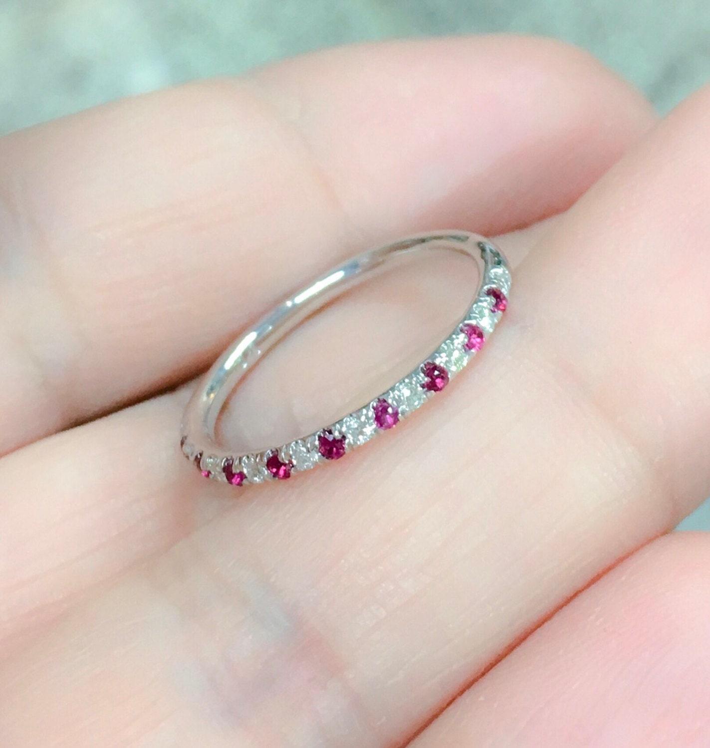 Alternating Ruby Diamond Band/ 1.5mm Pave Half Eternity Ring/ Diamond Ruby Wedding Guard Ring/ Anniversary Ring/ July April Birthstone Stack