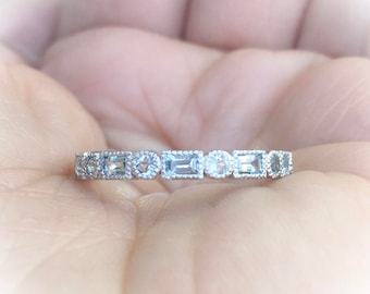 3 MM Aquamarine Band Ring/ Aquamarine Baguette Round Wedding Band/ Vintage Bezel Aquamarine Ring/ Art Deco Baguette Dot Aquamarine Stacking