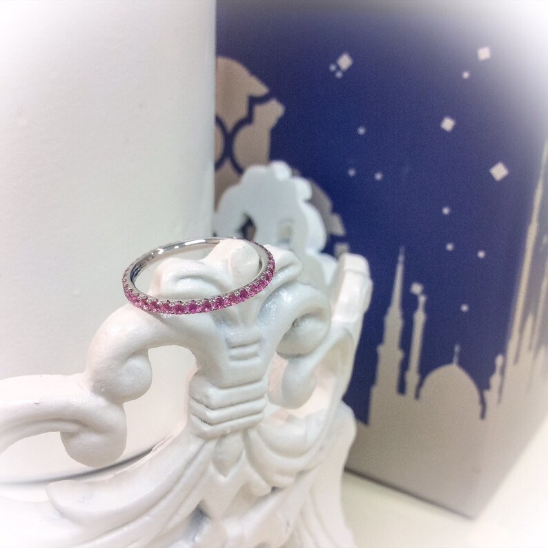 14K White Gold Pink Sapphire Full Eternity Ring 1.6mm Blushing Bride Pave Eternity Band 14K Pink Sapphire Matching Eternity Ring Birthstone