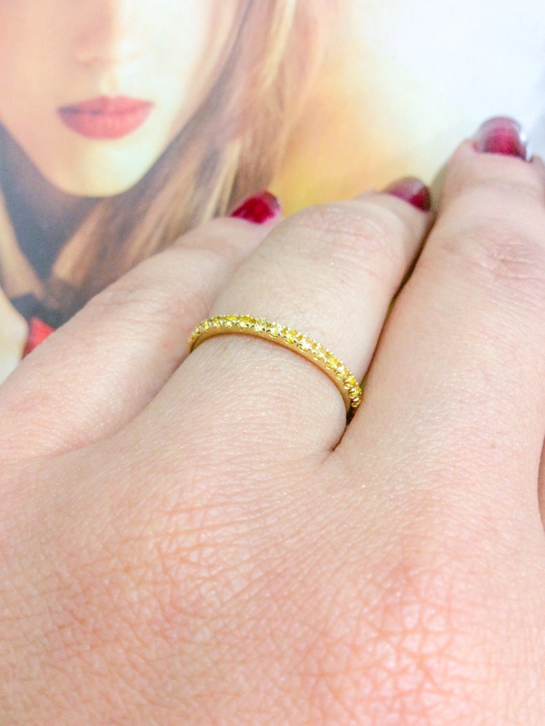 Yellow Sapphire Band Full Eternity 1.5mm Pave Sapphire Band Dainty Yellow Sapphire Pave Stacking Ring November Birthstone Wedding Gaurd Band image 1