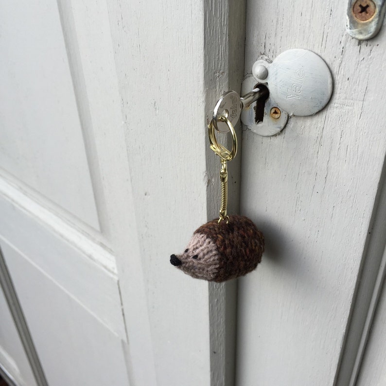K&ouml;nnte beinhalten: Ein brauner und beiger gestrickter Igel-Schl&uuml;sselanh&auml;nger, der an einem Schl&uuml;sselring h&auml;ngt, der an einem Schl&uuml;ssel in einem T&uuml;rschloss befestigt ist.