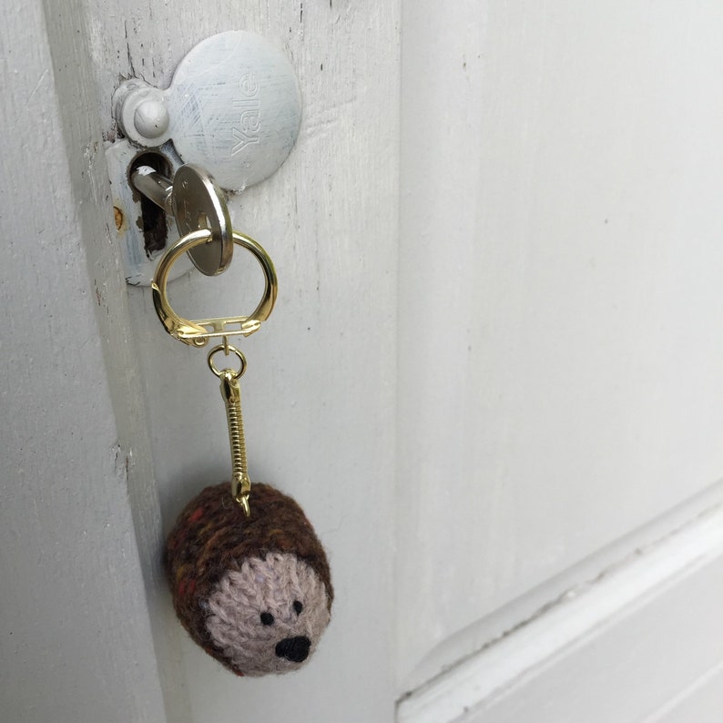K&ouml;nnte beinhalten: Ein brauner und wei&szlig;er gestrickter Igel-Schl&uuml;sselanh&auml;nger, der an einem goldenen Schl&uuml;sselring h&auml;ngt, der an einem silbernen Schl&uuml;ssel in einer wei&szlig;en T&uuml;r befestigt ist.