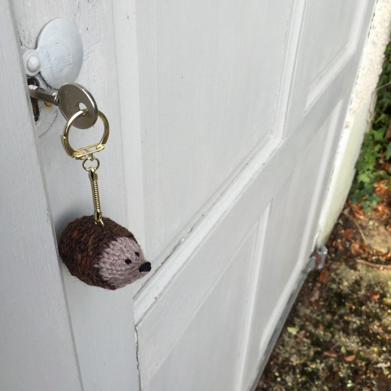 K&ouml;nnte beinhalten: Ein brauner und beigefarbener gestrickter Igel-Schl&uuml;sselanh&auml;nger, der an einem goldenen Schl&uuml;sselring h&auml;ngt, der an einer wei&szlig;en T&uuml;r befestigt ist.