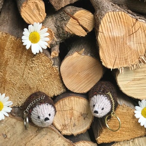 K&ouml;nnte beinhalten: Zwei braune und graue gestrickte Igel-Schl&uuml;sselanh&auml;nger mit goldenen Schl&uuml;sselringen, die an einem Stapel gestapelter Holzscheite h&auml;ngen. Wei&szlig;e G&auml;nsebl&uuml;mchen sind um die Igel herum verstreut.