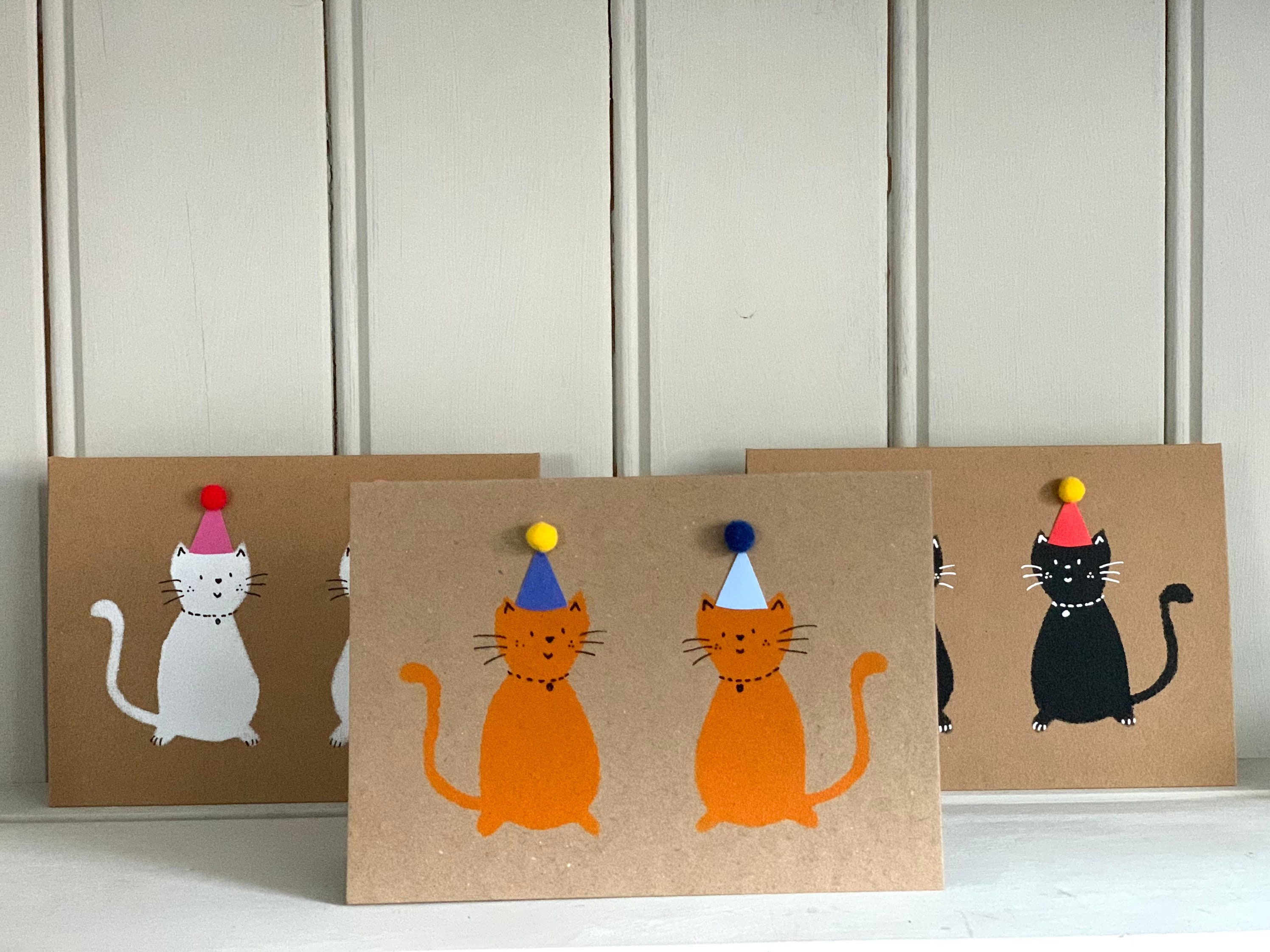 Fette Katze Karte Hand gedruckt Katzen in Party Hüte | Etsy