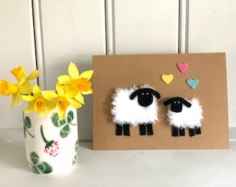 Hand knitted Sheep Ewe and Lamb Mothers Day, New Baby, Birthday, Love Recycled Kraft Card