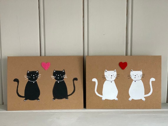 Hand Printed Cat Card: Valentine, Wedding, or Anniversary