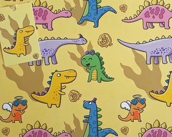 May include: A yellow sheet of wrapping paper and a matching gift tag with a repeating pattern of cartoon dinosaurs in various colours. The dinosaurs have wings, hats, and sunglasses.