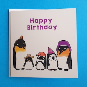 Funny Penguin birthday card, penguins with hats, rockhopper, King, gentoo, square, blank inside