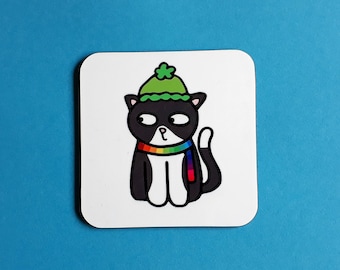 Cat coaster, black and white cat gift, Christmas cat, rainbow scarf, winter cat, LGBTQ, stocking filler