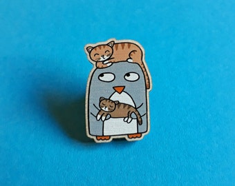 Crazy cat pin badge, penguin and cats, wooden pin badge, Mother's Day gift, 35mm, rubber clutch, stocking filler, bag pin