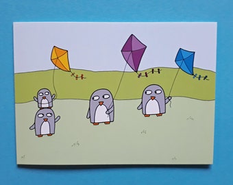 Penguin birthday card, flying kites, cute penguin card, funny penguins, notelet, blank card - 097