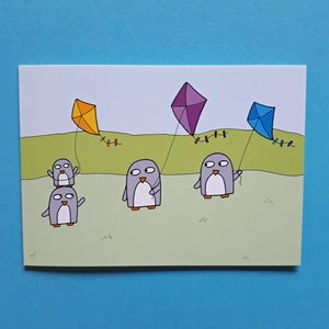 Penguin birthday card, flying kites, cute penguin card, funny penguins, notelet, blank card - 097