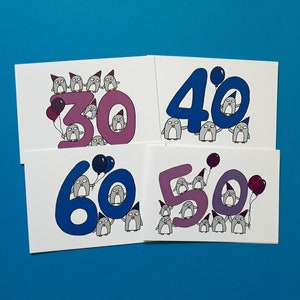 30e, 40e, 50e, 60e, 70e, 80e, 90e anniversaire Cartes - Drôles de pingouins - pour elle - pour lui - bleu - violet - anniversaire - N030