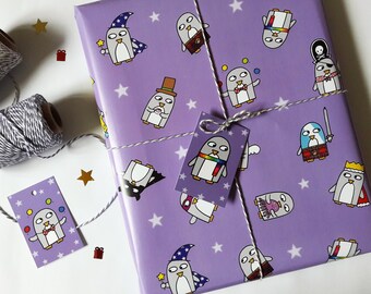 Penguin Gift Wrap and Tags: Purple Birthday, Christmas Paper (FOLDED)
