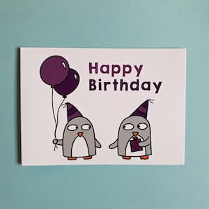 Penguin Birthday Card - Purple Birthday card - Funny Penguins - Cute birthday card - blue - Quirky Card - 032