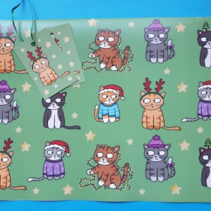 Cat Christmas paper, green cat gift wrap, cat gift, cat wrapping paper, crazy cat, cat lover,