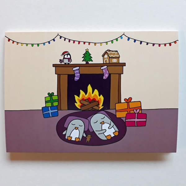 Penguin Christmas card, cute penguin Holiday card, A6 size, blank inside, Fireplace, C010