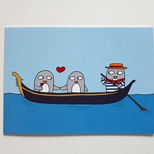 Penguin Valentine's card, Anniversary card, penguins in love, engagement card, Gondola, Venice,  - 096