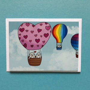 Penguin Valentine's Day card, Anniversary card, penguin love card, hot air balloons, flying, wedding, engagement, Rainbow, 102