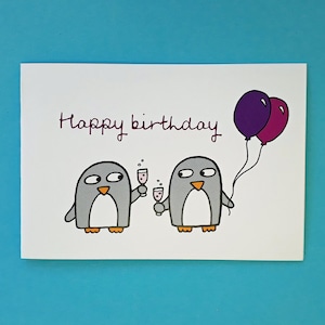 Penguin Birthday card - cute penguin birthday card - purple balloons - blank inside - prosecco birthday card - 084