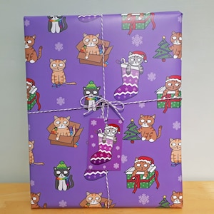 Cat Christmas paper, cat wrapping paper, purple Christmas paper, cat holiday gift wrap, folded